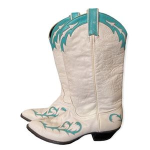 Size 8.5 Tony Lama Cowgirl Boots White & Turquoise Lazer Cut Pointed Toe